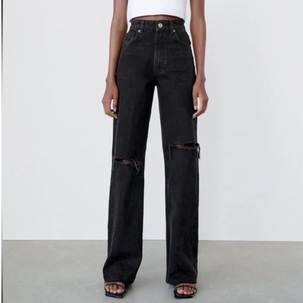 Zara Black Distressed Wide Leg Jeans